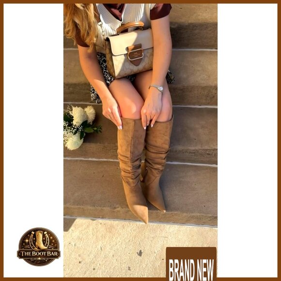 Knee High Boots Wide Calf Slouchy Tall Kitten Heel Pointed Toe Side Zipper - Picture 7 of 7